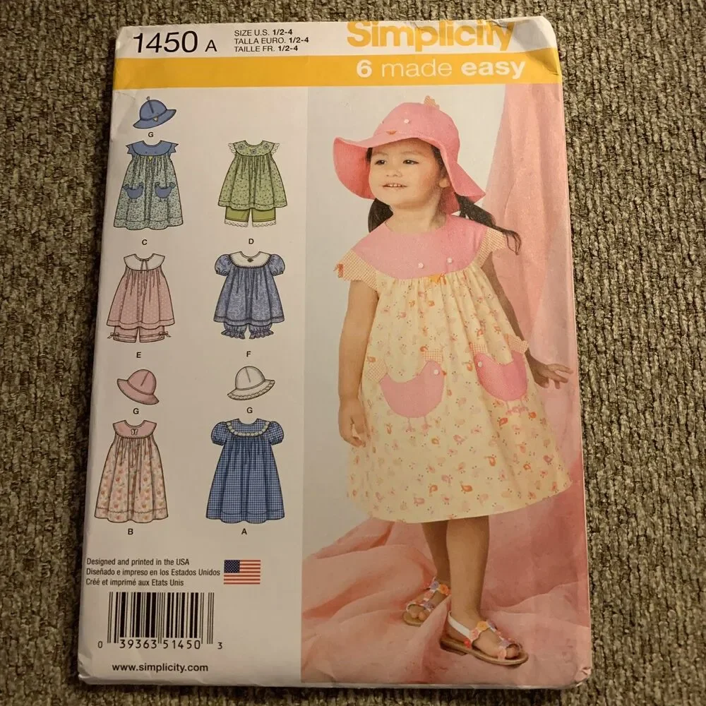 Simplicity Toddler Girl Sleeveless Dress Bloomers Hat Sz 1/2 to 4 Pattern 1450